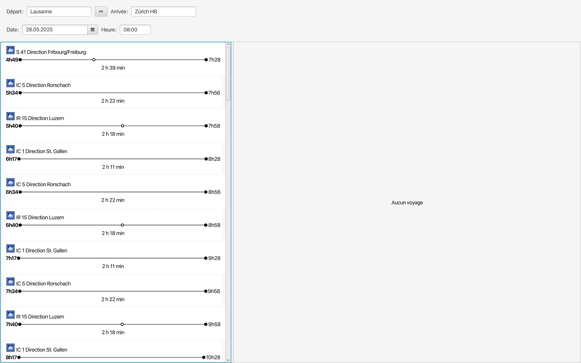 ReCHor: the query fields filled with Lausanne, Zürich HB, 28.05.2025 and 08:00, and the list of journeys with their times, changes and durations.